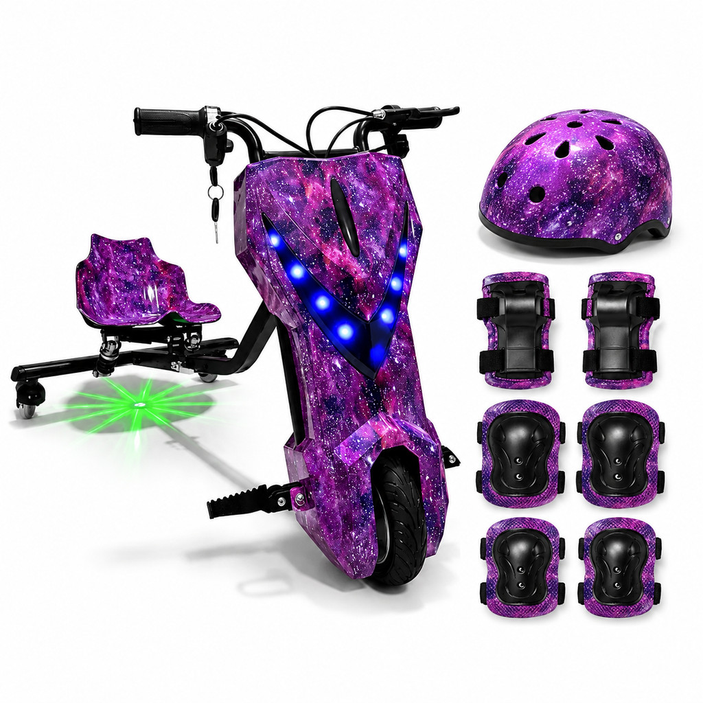 Triciclo Elétrico Drift 350W 36V 8 Polegadas Infantil e Adulto Suporta 130kg LED Suspensão Traseira 3 Velocidades