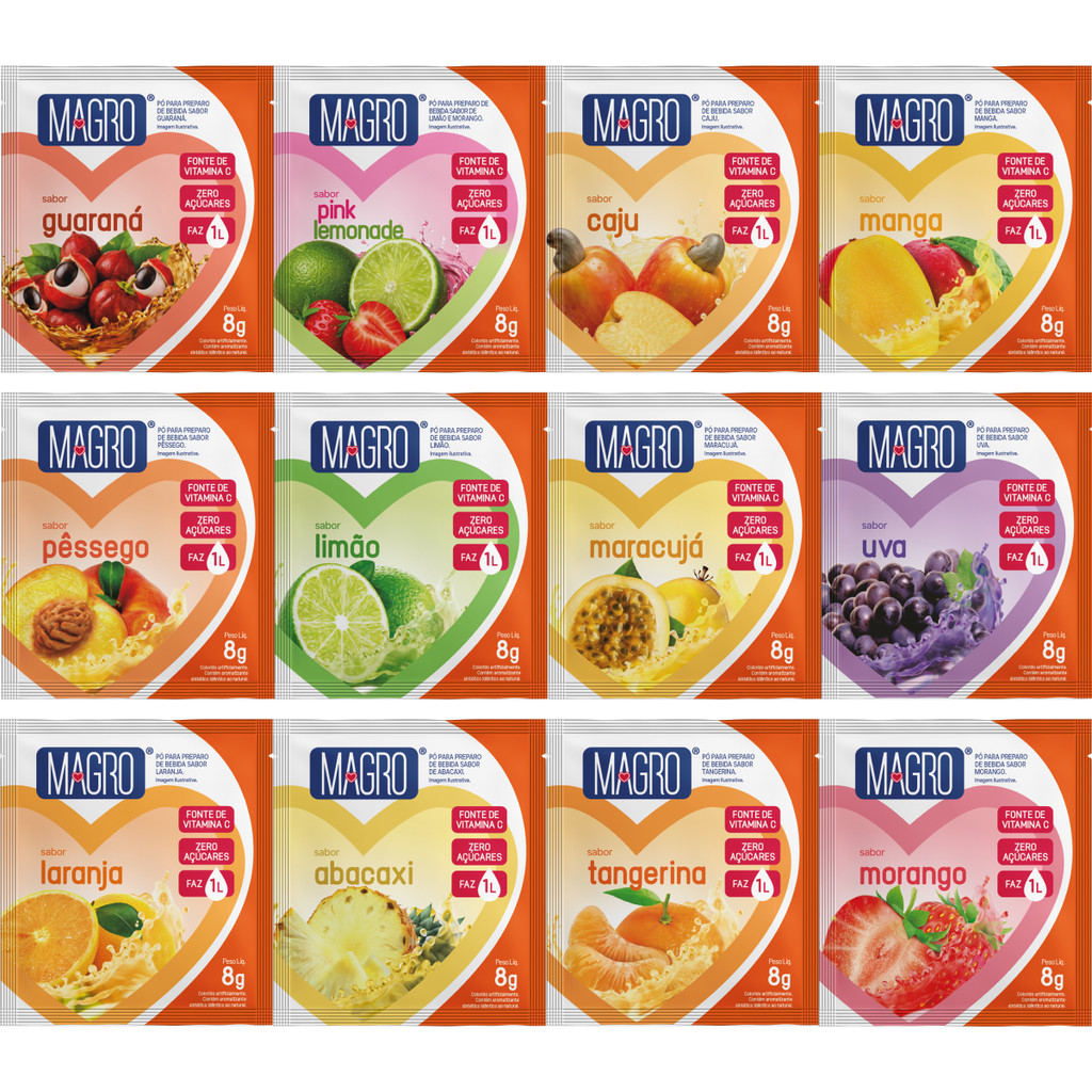 Kit 12 Unidades de Refresco Magro Sabores Variados, Doces Diet Zero Açúcares Fonte de Vitamina C, 8g