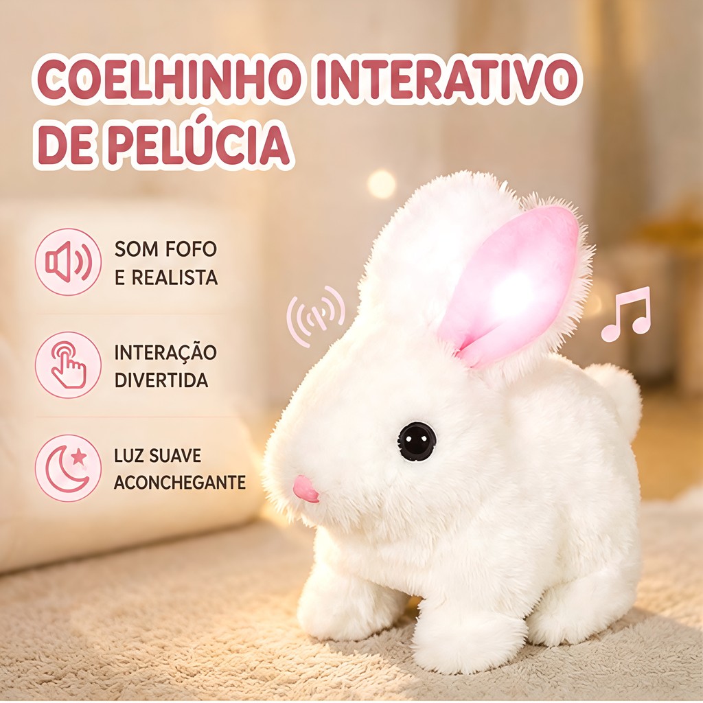 Pelúcia Coelho Interativo com Luz, Som e Salto, Não Solta Pelos, Brinquedo Educativo, Presente Surpresa para Crianças