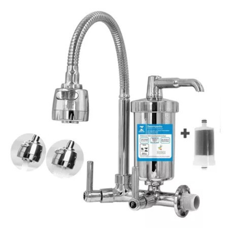 Torneira Com Filtro Gourmet Parede Cozinha Cromada 1/4 De Volta Bica Flexível Giro 360° + Refil