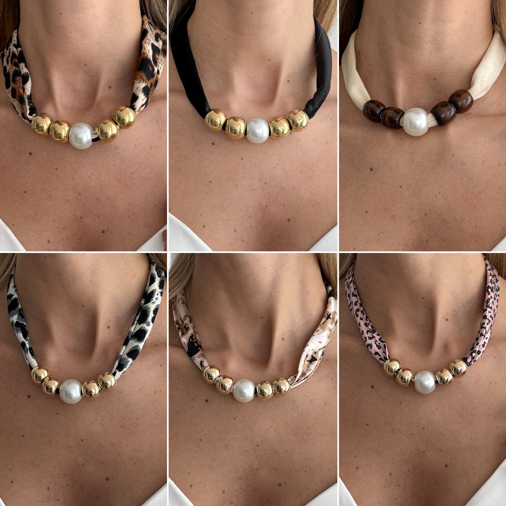 Retro leopardo impressão lenço de seda flanela atada colar feminino criativo imitação pérola CCB frisado colar colar