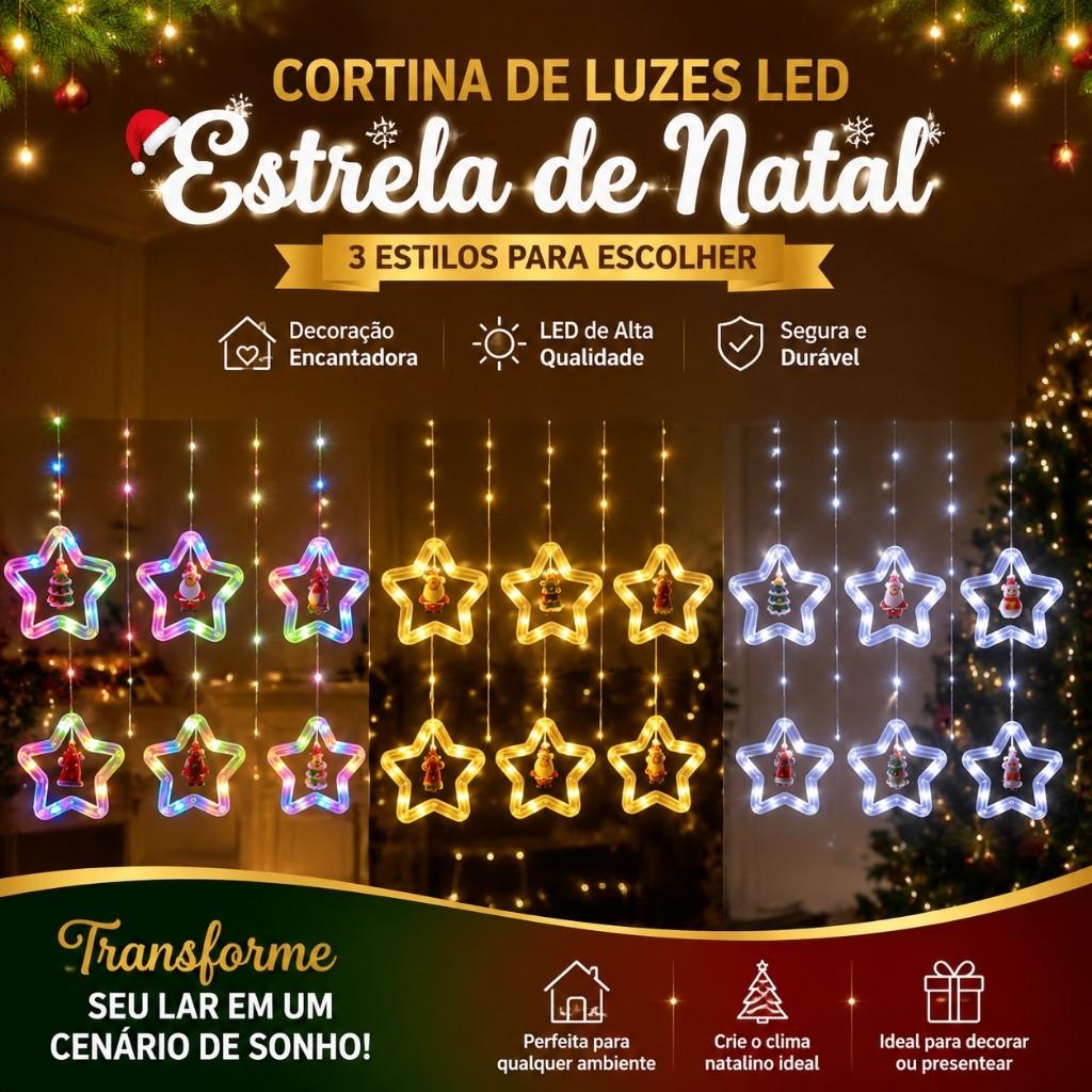 Cascata Led Pisca Pisca Cortina Luz RGB Amarela Decoração Natal Estrela Lua Papai Noel Neve Sacada