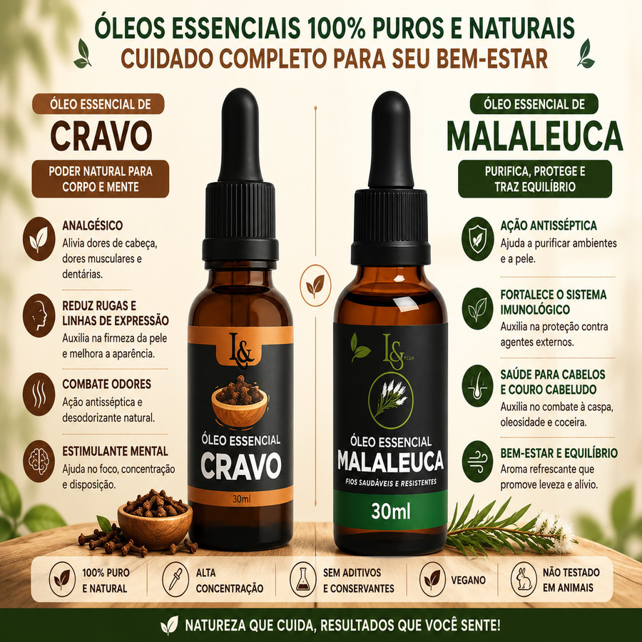 Kit óleo Malaleuca + Cravo 30ml Cada - Fungos e Micose de unhas e Muito Mais