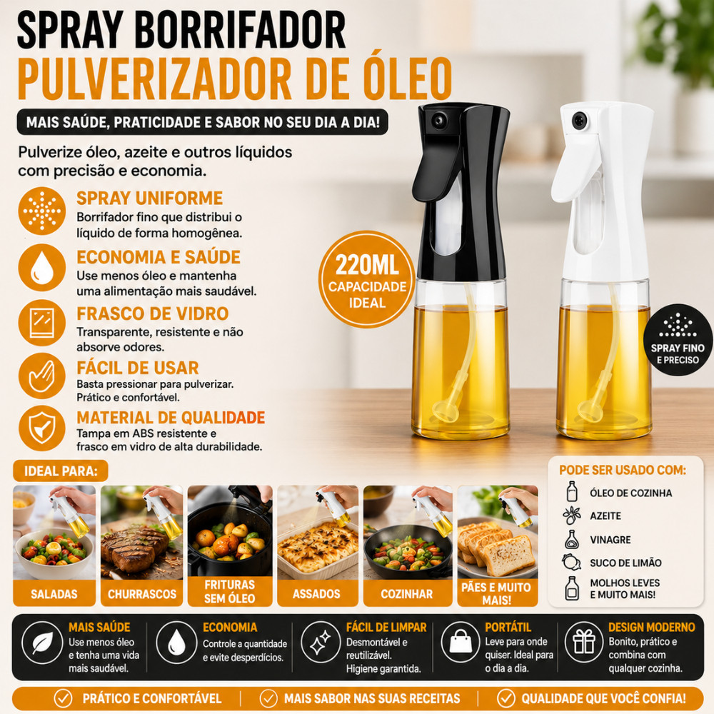 Spray Pulverizador De Óleo E Azeite 220ml Borrifador Vidro Para Air Fryer Saladas Churrasco