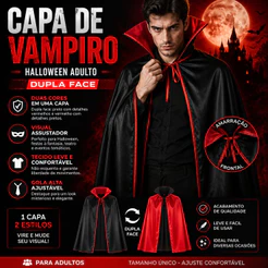 Capa de Vampiro Adulto Dupla Face Preta Vermelha Fantasia Halloween Drácula Festa Cosplay
