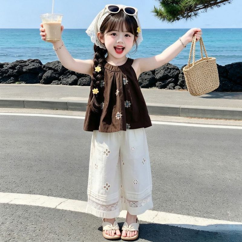 Meninas verão sem mangas 20ly versão coreana bebê moda bordado colete crianças terno de duas peças na moda