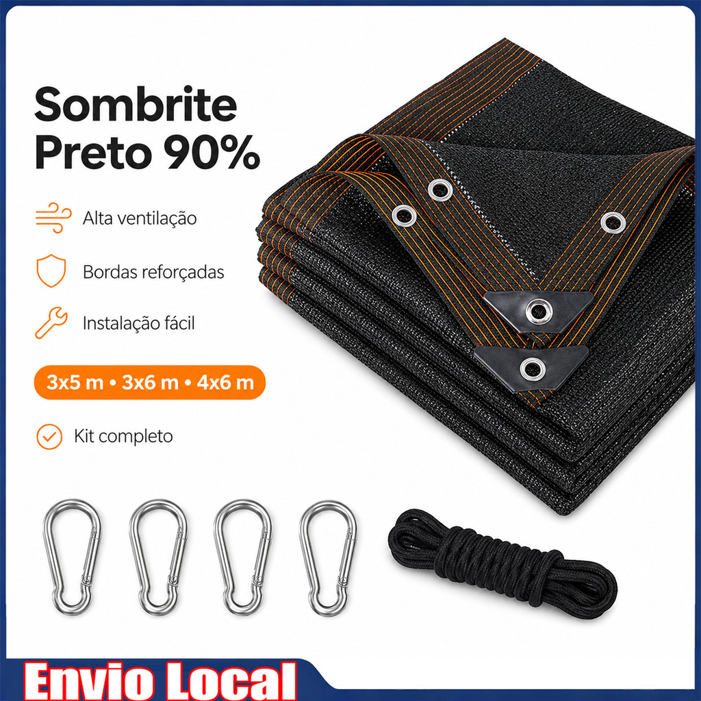 Tela Sombrite 90% Preta com Ilhós Reforçados para Garagem, Piscina, Jardim, Varanda e Área Externa 3x5m, 3x6m e 4x6m