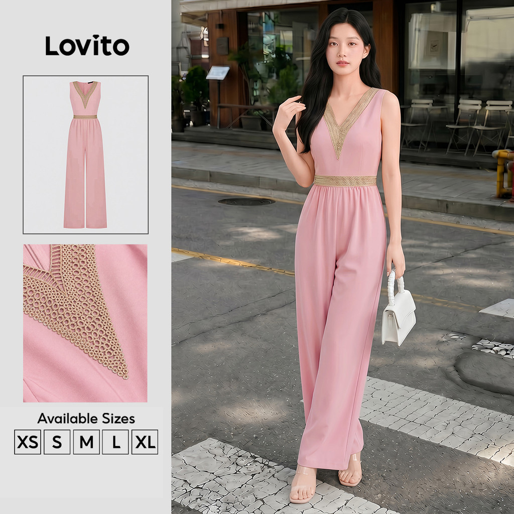 Lovito Casual Macacão Babado Decote Primavera/verão Macacão Preto para Mulheres