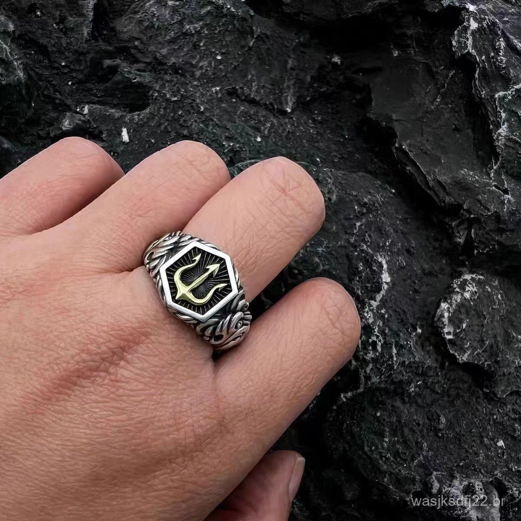 Anel Ajustável Masculino Leito com Tridente do Deus do Mar Mítico, Joia de Moda Hip-Hop
