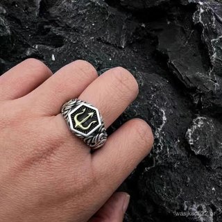 Anel Ajustável Masculino Leito com Tridente do Deus do Mar Mítico, Joia de Moda Hip-Hop