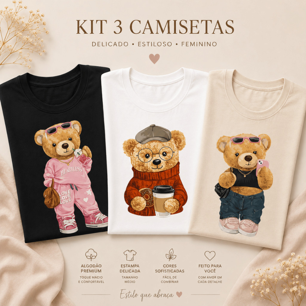 Kit 3 Camisetas Feminina Urso Bear Fashion Estilo Minimalista T-shirt 100% Algodão 30.1 Envio Imediato — imagem 2 de 2