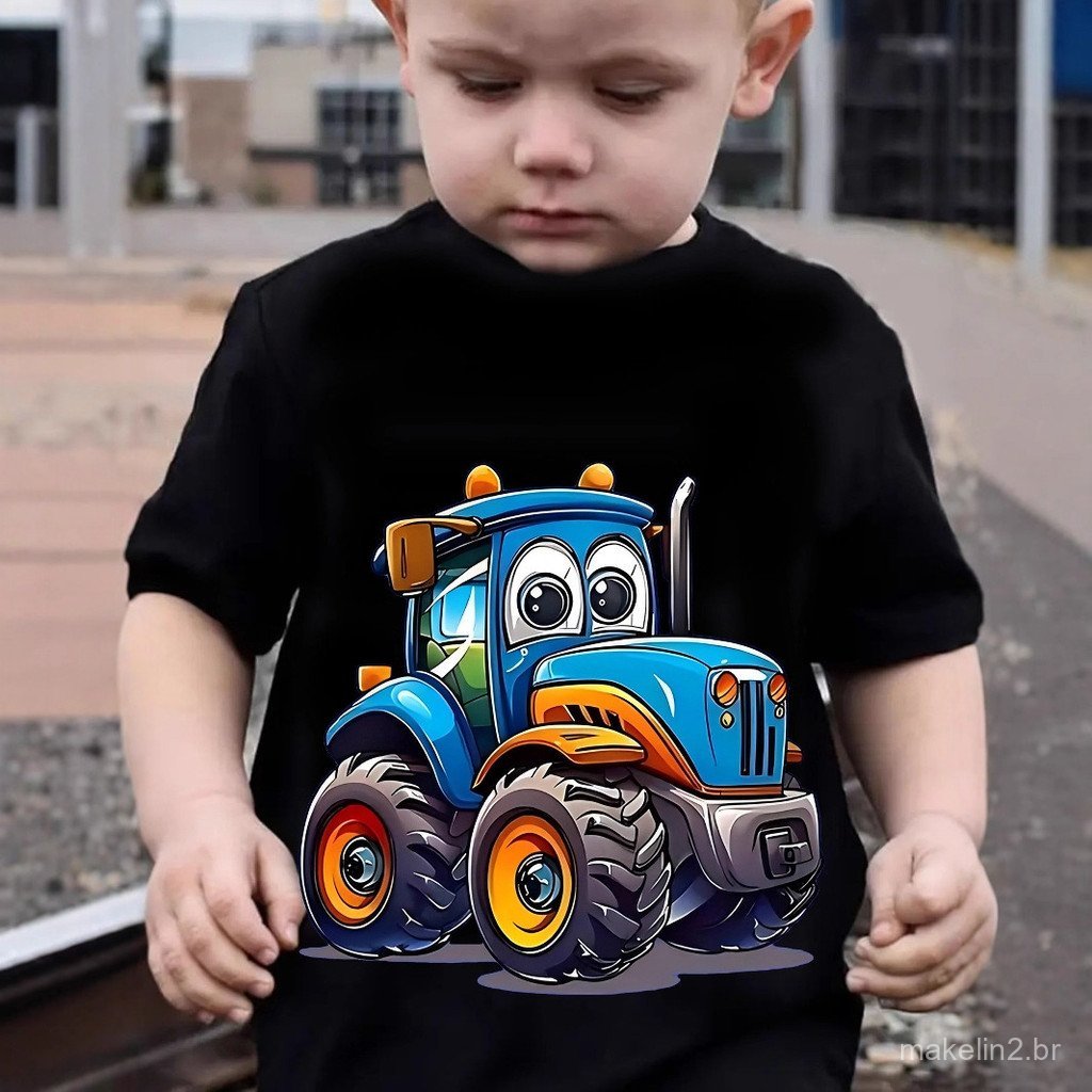  Crianças dos desenhos animados carro impresso camiseta roupas verão bonito Casual em torno do pescoço topo LONS