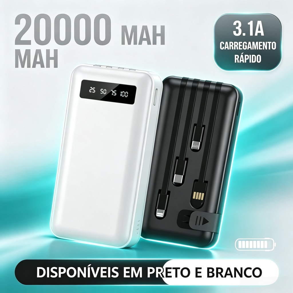 Power Bank Carregador Portátil 20000mAh Universal com 4 Cabos de Saída Integrados