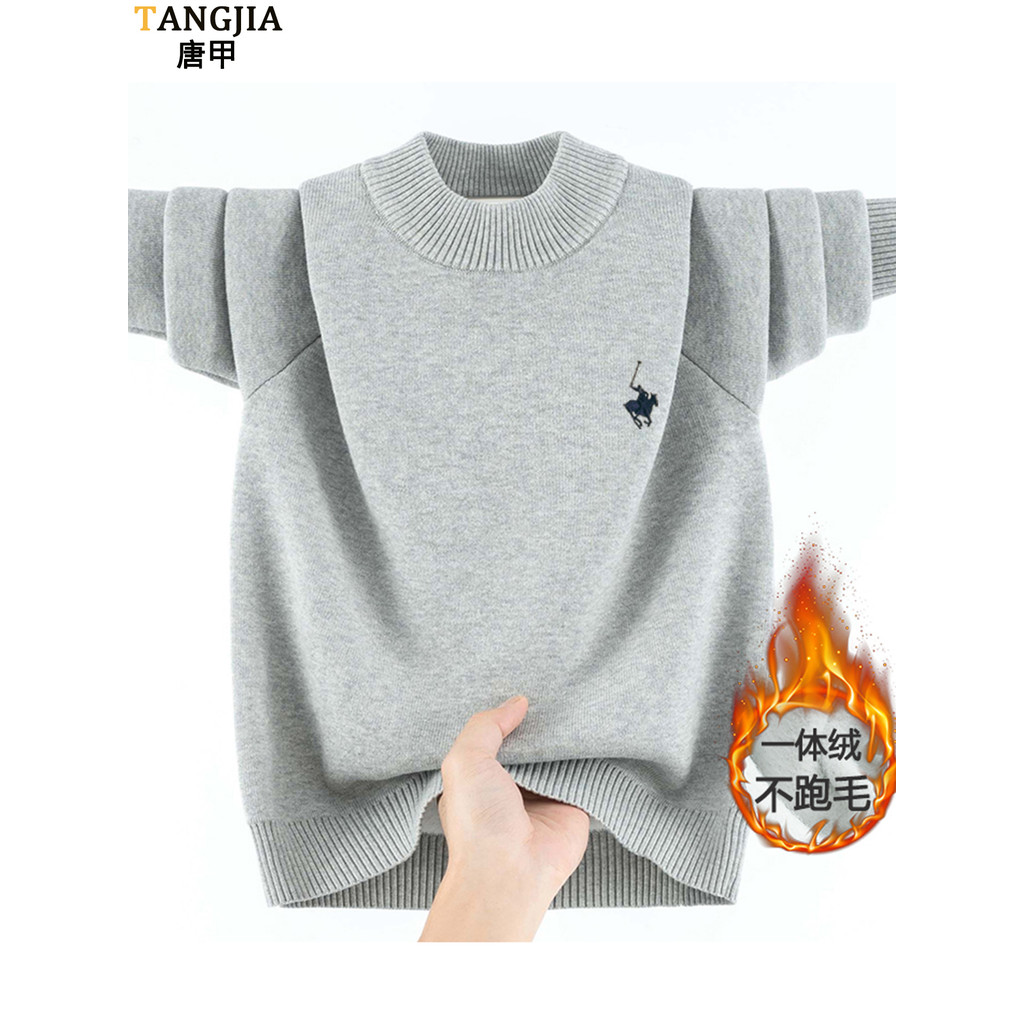 Suéter bordado de algodão sem bolinhas, forro de lã, gola média, roupa masculina de estudante, adolescente, engrossado
