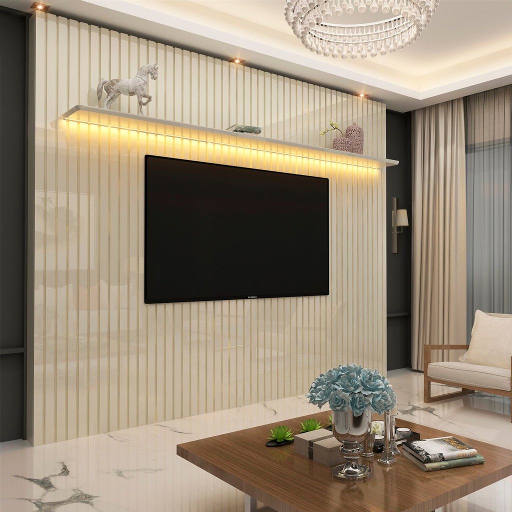 Painel Ripado para TV até 90 Polegadas 100% MDF com LED 230CMX250CM Nobre Branco Off White