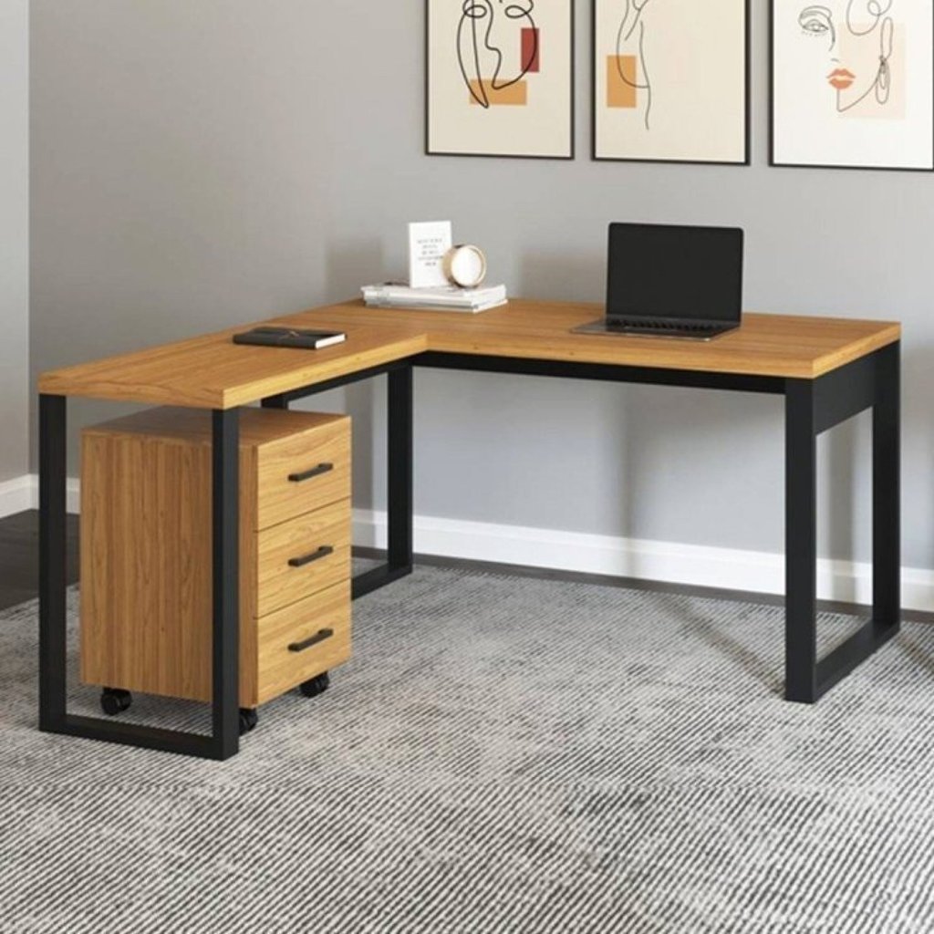 Conjunto 2 Peças para Escritório Office com Mesa Escrivaninha em L e Gaveteiro 3 Gavetas 100% MDF 157,5cm Industrial