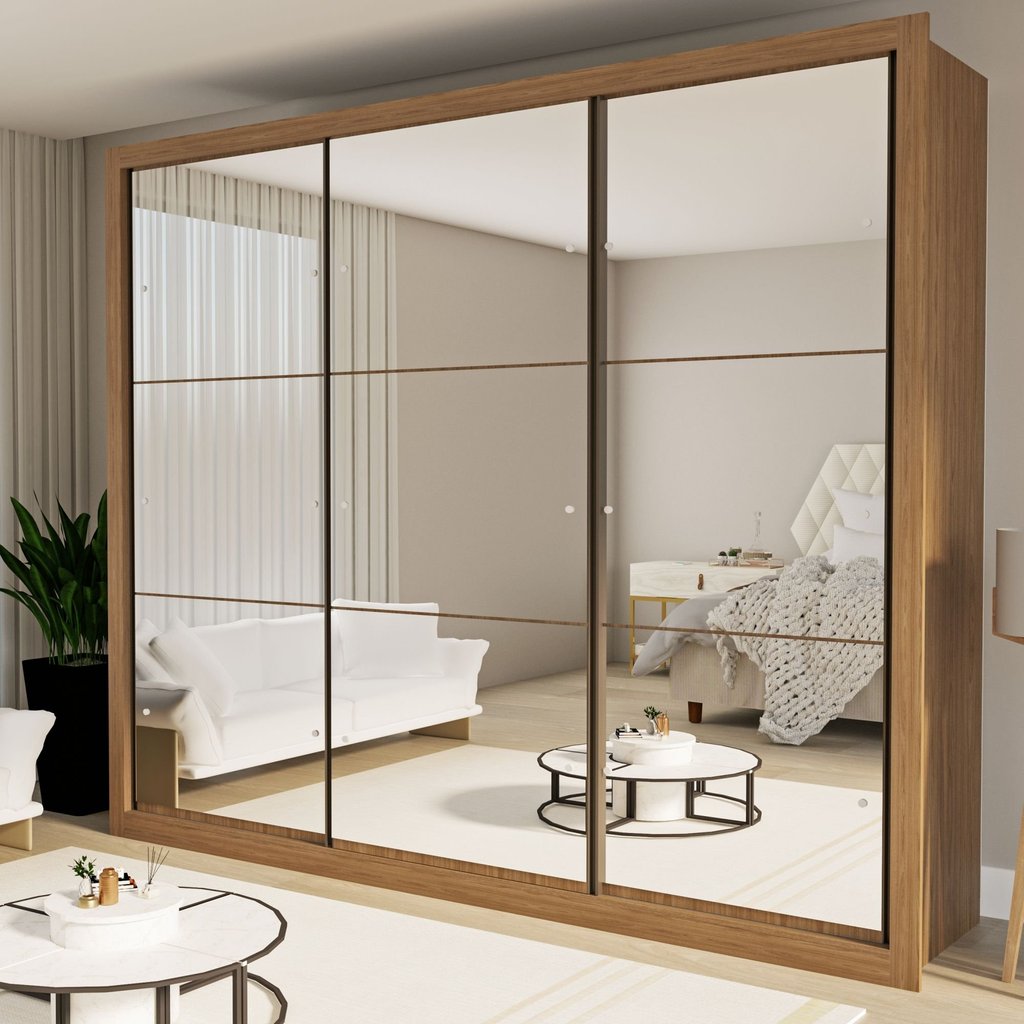 Guarda Roupa Casal Premium Ravena 242cm com Espelho 3 Portas 6 Gavetas Yescasa Marrom/Carvalho Carvalho