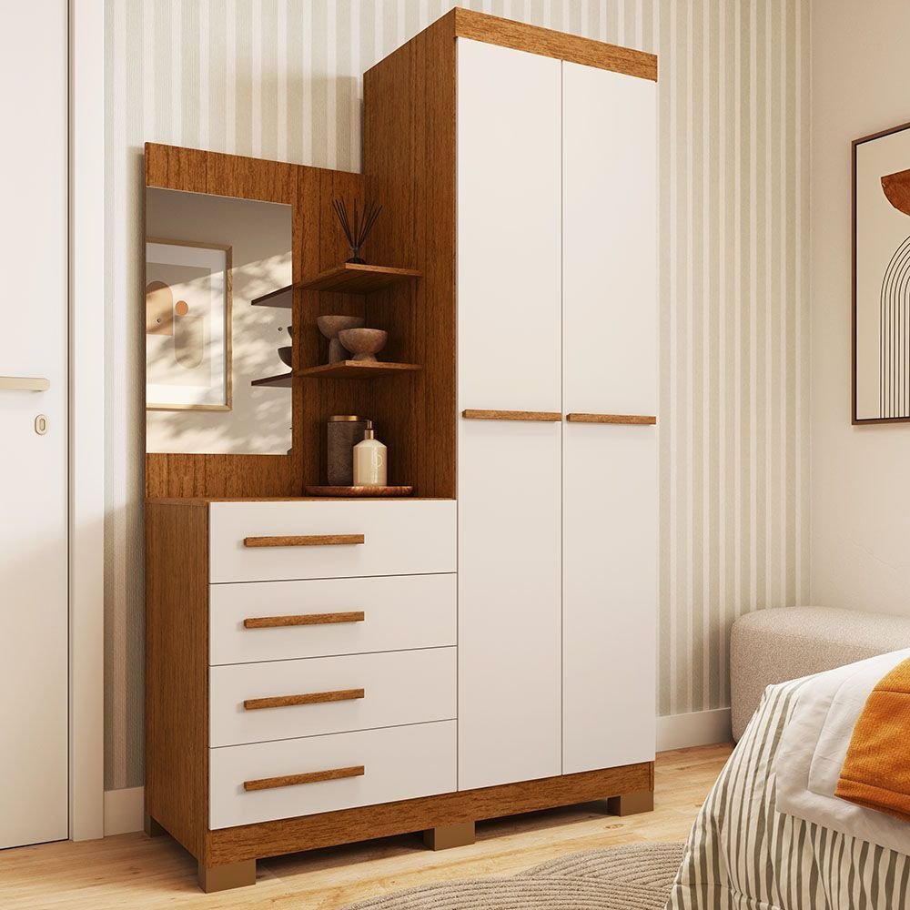 Guarda-Roupa Solteiro 2 Portas 4 Gavetas com Espelho 100% MDF 110cm Zínia Espresso Móveis Off White/Cinamomo