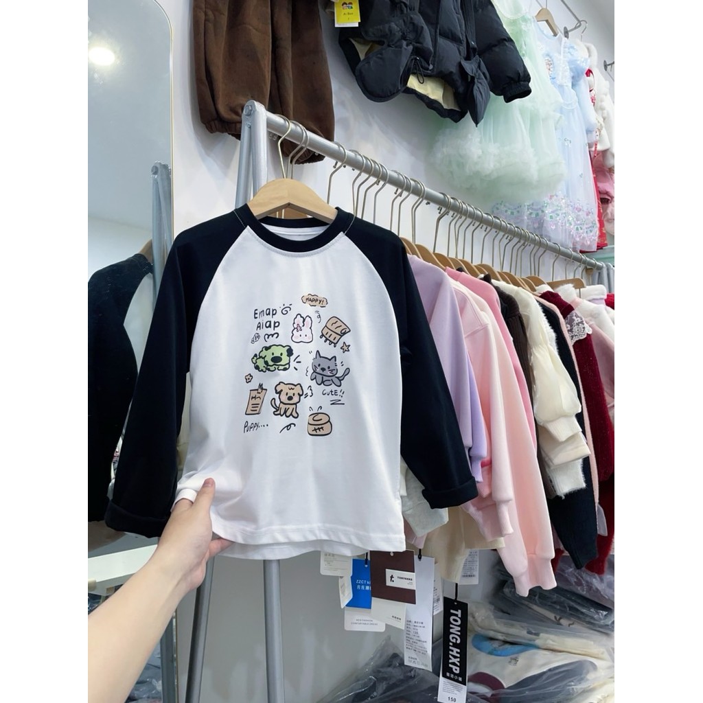 Meninas de manga comprida camiseta primavera outono estilo crianças mangas Raglan cor-bloqueio topo impresso dos desenho