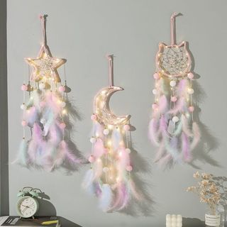 Estoque pronto Fantasia estrela lua pena vento carrilhão pingente Diy acabado pena tecelagem pingente bonito decoração d