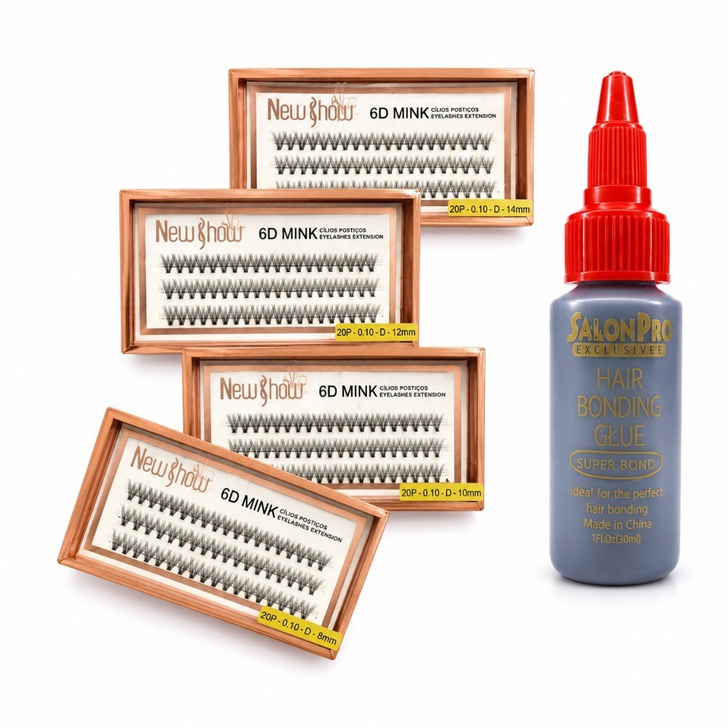 Kit Cola Cílios Salon Pro 30ml + Caixa Cílios Postiços 6D MINK NEW SHOW - Tufos Sem nó