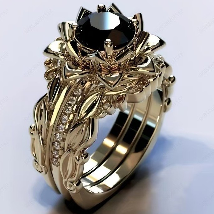 Conjunto de anéis de três peças popular e muito vendido, conjunto de anéis femininos com design de flor de rosa, banhado