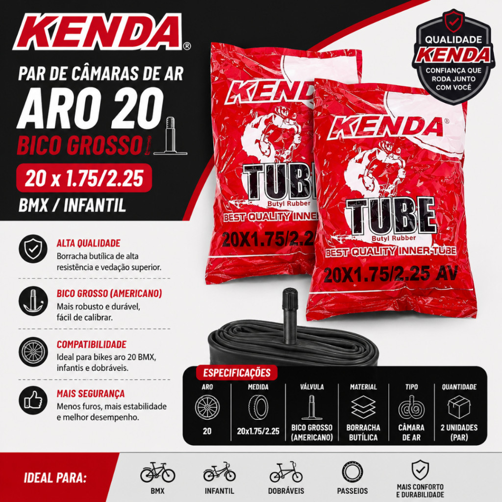 Par Câmara de Ar Aro 20  Kenda 1.75 Bicicleta Infantil Cargueira Bike Bico Grosso