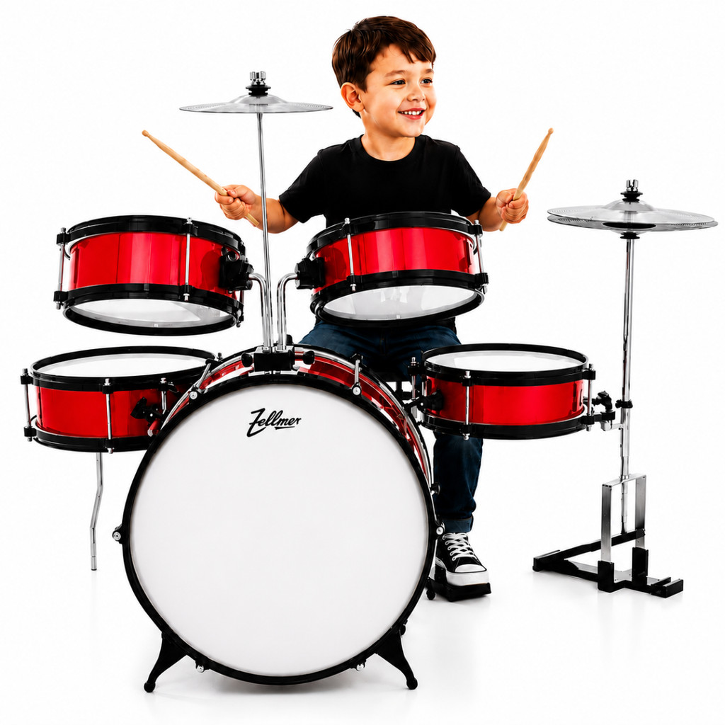 Bateria Infantil Para Crianças de 3 a 8 anos Zellmer Cor Vermelha Bateria Completa Musicalização
