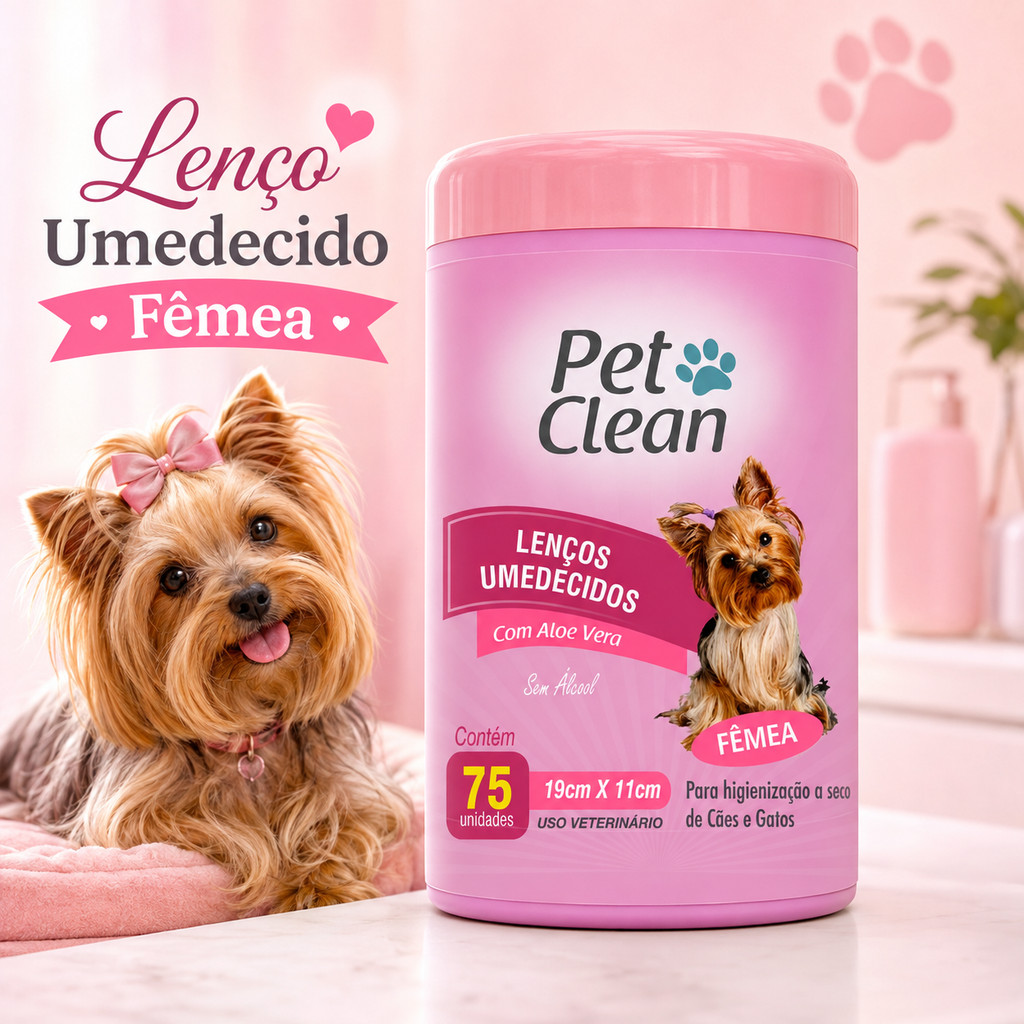 Toalha Lenço Umedecido Para Caes E Gatos Pet Fêmea Pote com 75 Unidades Higienizar Sem AlcoolPet