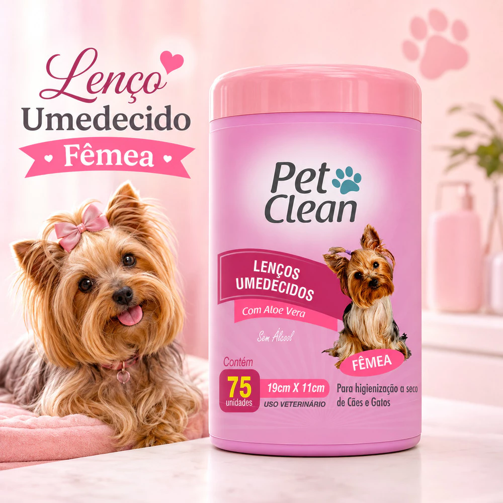 Toalha Lenço Umedecido Para Caes E Gatos Pet Fêmea Pote com 75 Unidades Higienizar Sem AlcoolPet