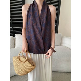 Halter camisola feminina linho estilo férias Retro impresso colete feminino verão exterior Wear francês pequeno Bourgeoi