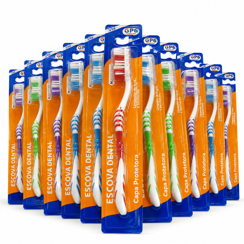 Kit 12 Escovas de Dente Macia Média ou Dura com Capa