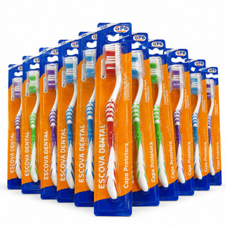 Kit 12 Escovas de Dente Macia Média ou Dura com Capa