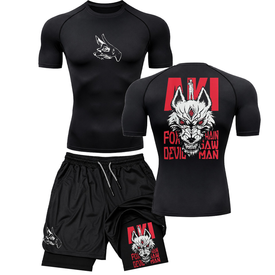 Kit Compressão Masculino Camiseta + Short 2em1 Academia Fitness Treino Kon Fox Devil Aki Chainsaw Man