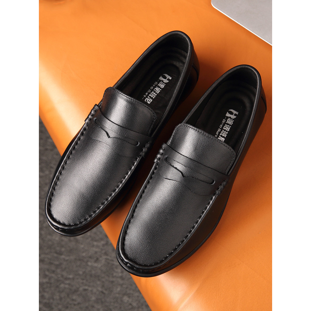 Sapatos de couro casuais masculinos sola macia primavera outono superfície macia couro de um Pedal preguiçoso dedo do pé