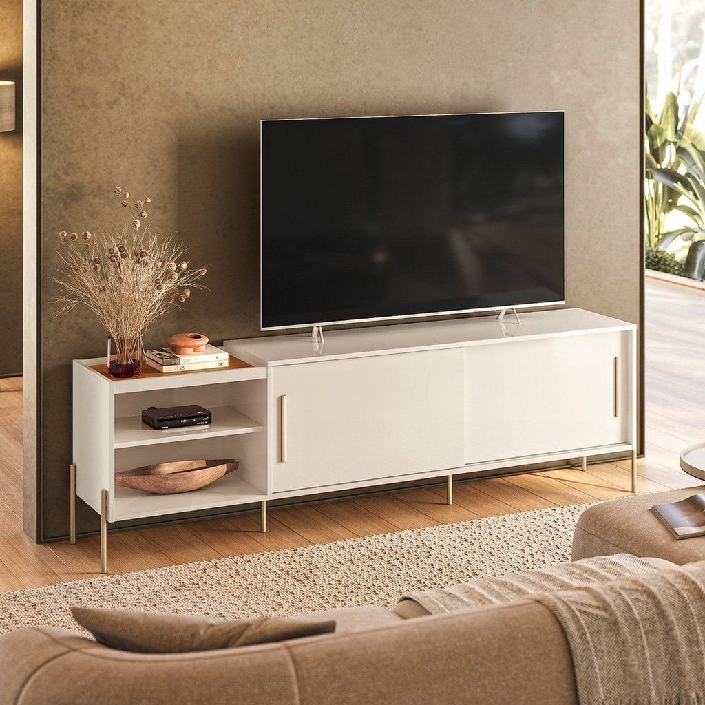 Rack para TV até 60 Polegadas Bandeja Integrada 2 Portas Pés em Dourado 189,5cm Maré Branco Cinamomo/Off White