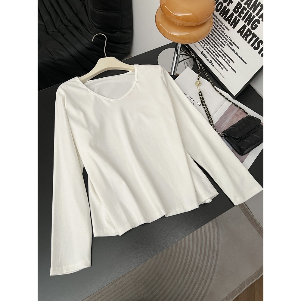 Puro algodão branco de manga comprida camiseta feminina outono 2026 novo estilo tamanho grande gordura mm mais magro olh
