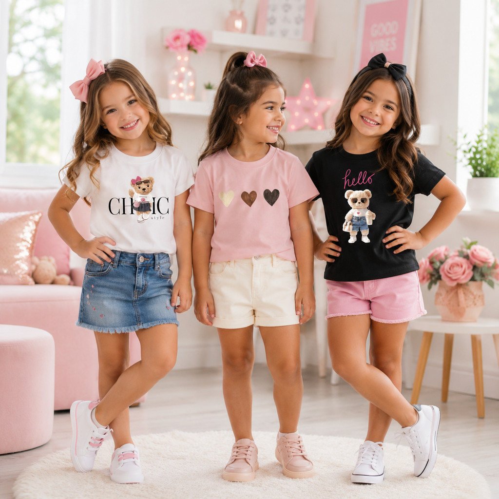 Kit 3 Camisetas Infantil Menina 100% Algodão Estampa Ursinho Delicada Confortável Moda Kids
