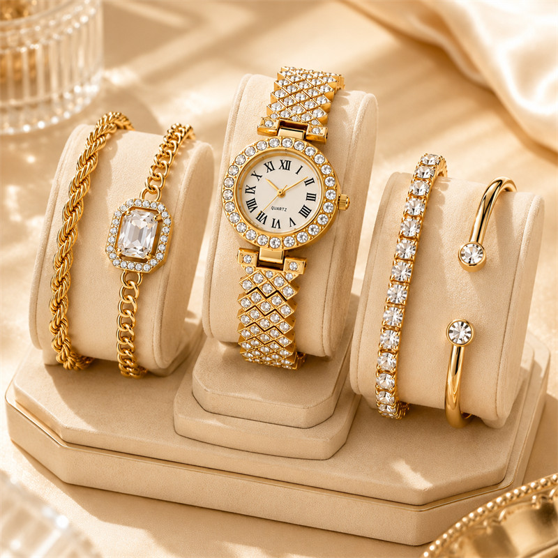 Kit Relógio Feminino com 4 Pulseiras Douradas 5 Peças Luxo