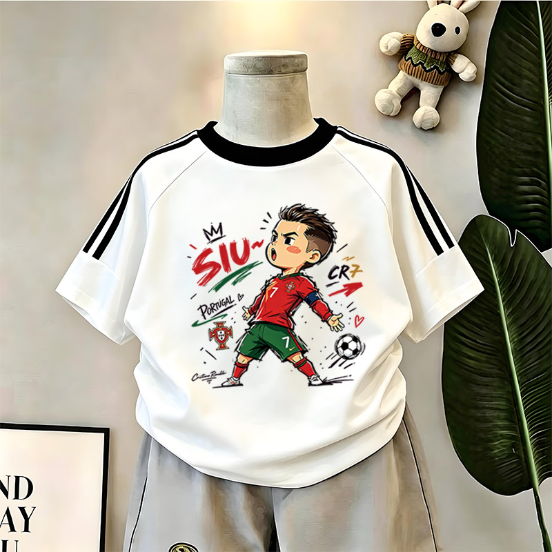 C Luo estrela de futebol impresso algodão puro três barras camiseta de manga curta crianças verão solto olhar meninos mé
