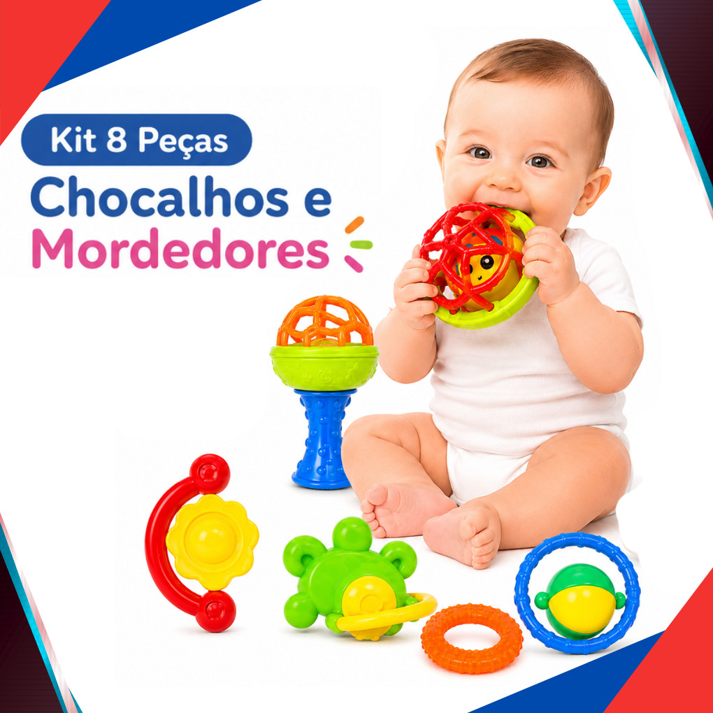 Kit Chocalho 8 Peças Mordedor Bebê Brinquedo Sensorial Macio Presente Para Menina e Menino Móbile para Berço