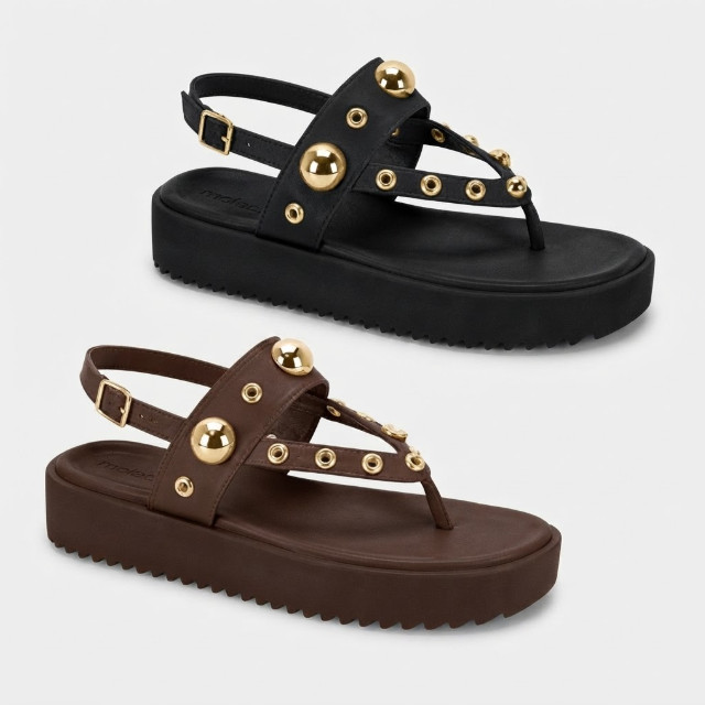 Sandália Papete Feminina Moleca Flatform Tratorada Ilhós Tachas Esferas Douradas Original