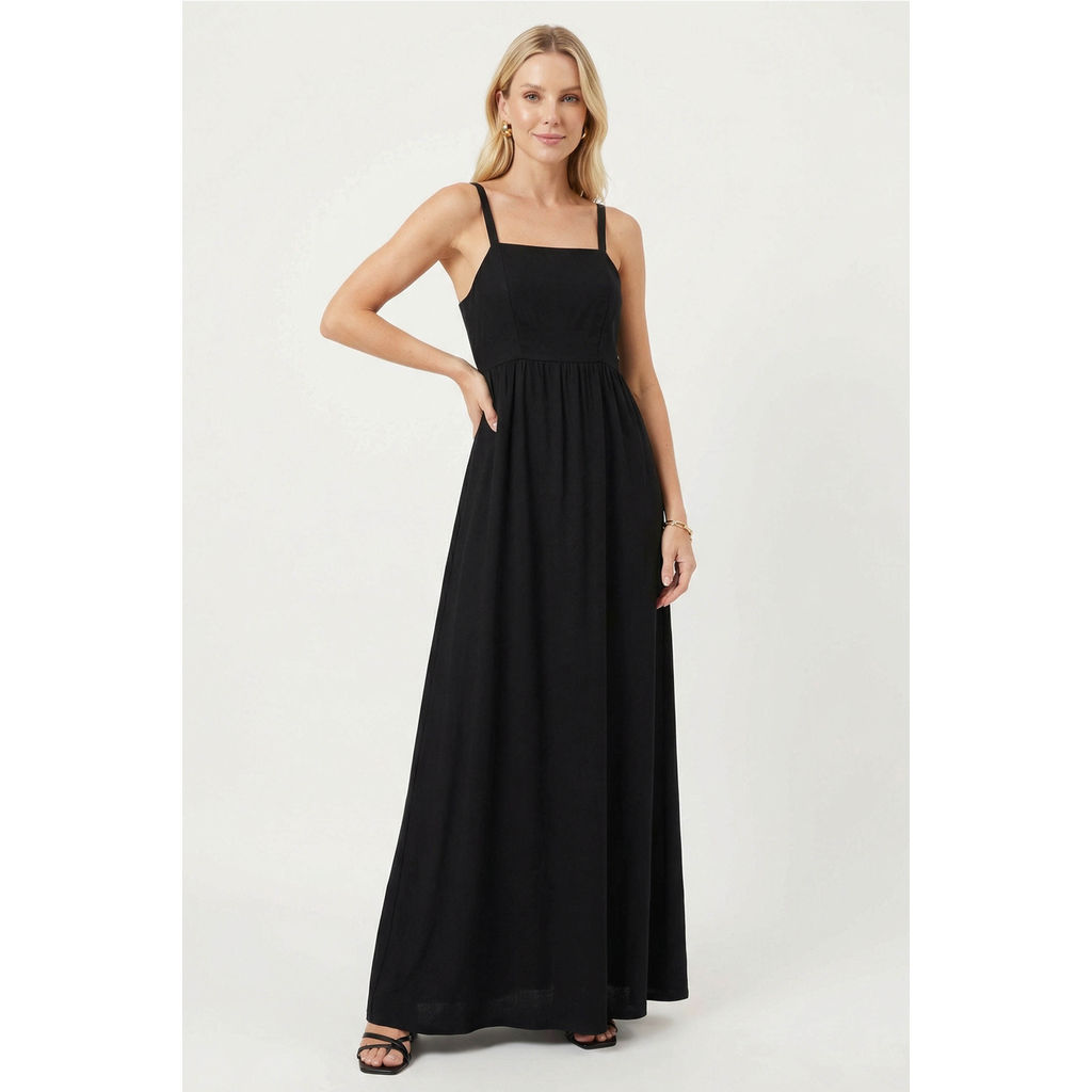 Vestido Longo Feminino Alças Ajustáveis Marialícia Preto