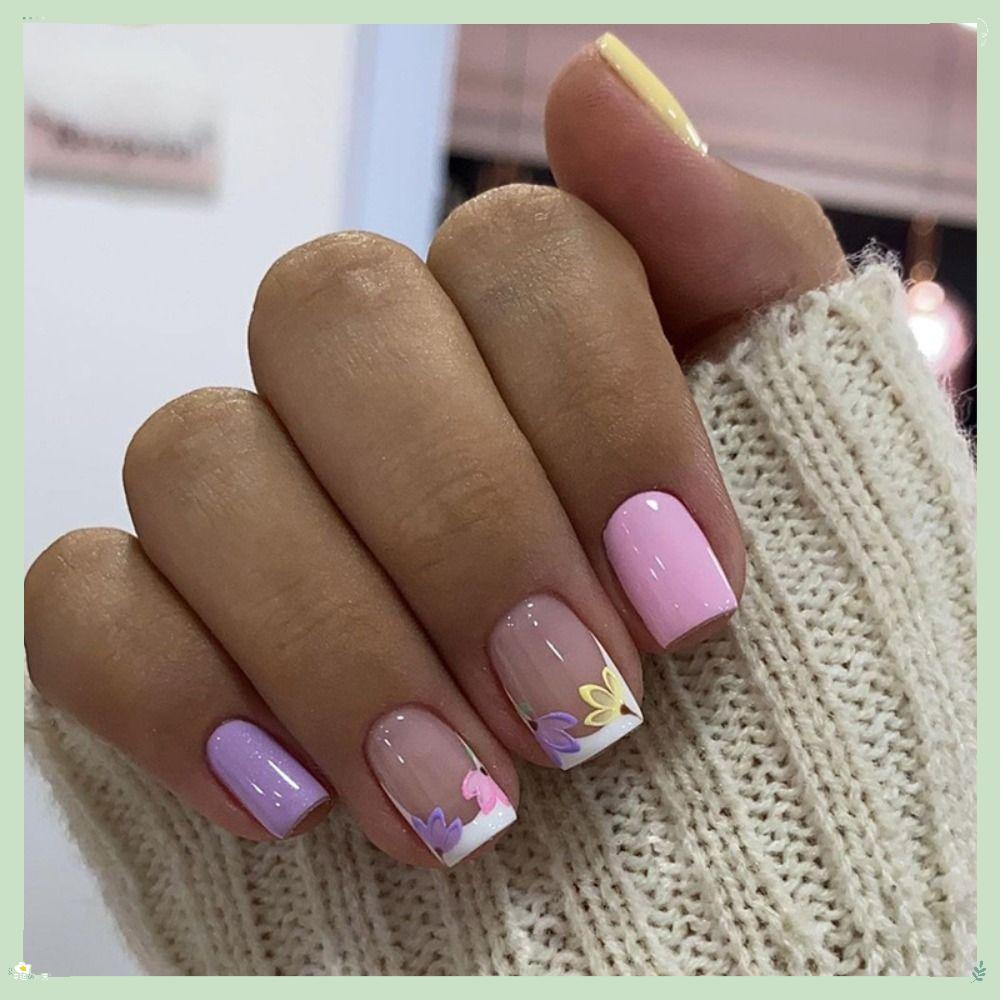 Fake Nials , Bailarina Longa De Amêndoa E Unhas Postiças De Flores Quadradas , Prensa Removível Nas