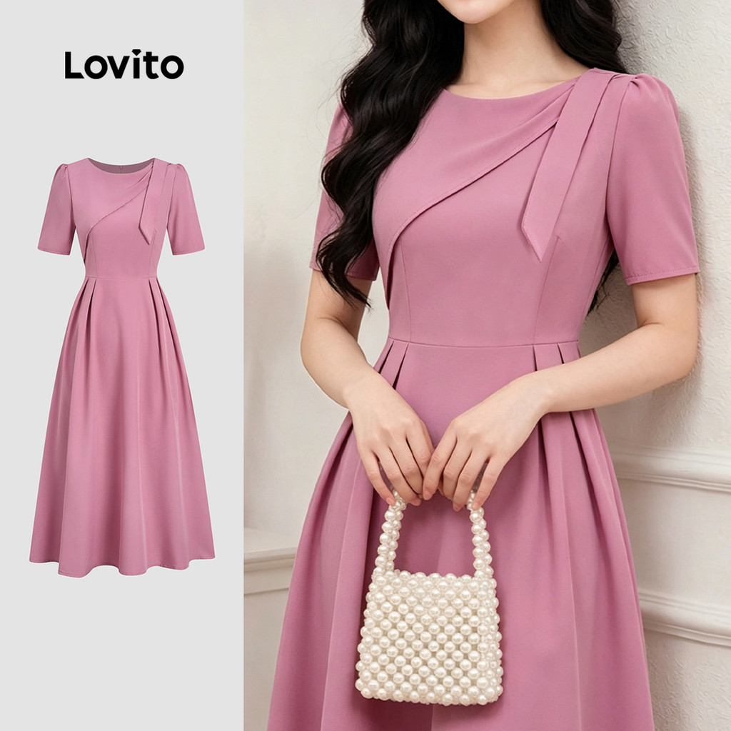 Lovito Vestido Social Elegante Assimétrico Amarração Frontal E Pregas Vestido Cinzarosa Para Mulheres L199ED036