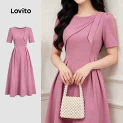 Lovito Vestido Social Elegante Assimétrico Amarração Frontal E Pregas Vestido Cinzarosa Para Mulheres L199ED036