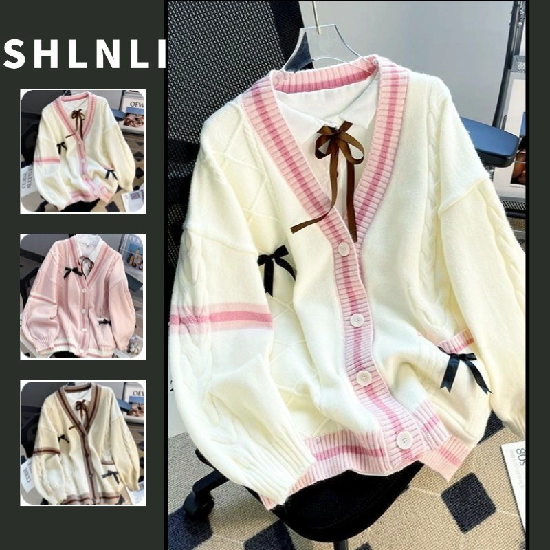 Suéter Feminino Estilo Universitário Japonês H4CO, Cardigã de Tricô Solto para Outono e Inverno