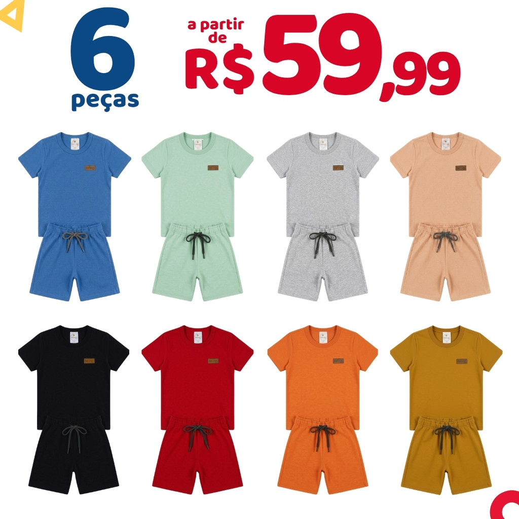 Kit 6 Peças Monocromáticas Menino Infantil Conjunto Algodão Manga Curta Masculino