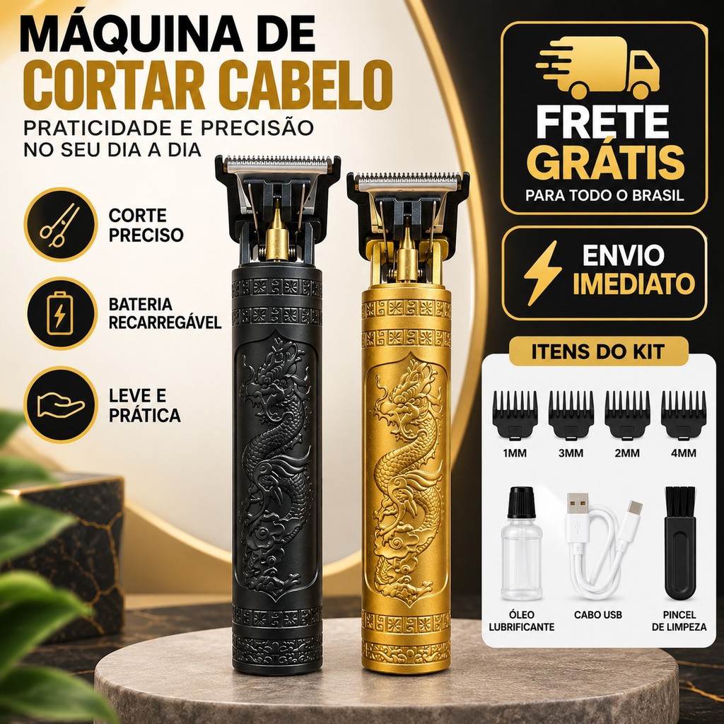 Máquina de Cortar Cabelo Profissional Recarregável USB com 4 Pentes + Kit Completo Barbeador Trimmer - GF-9001/GF-9002