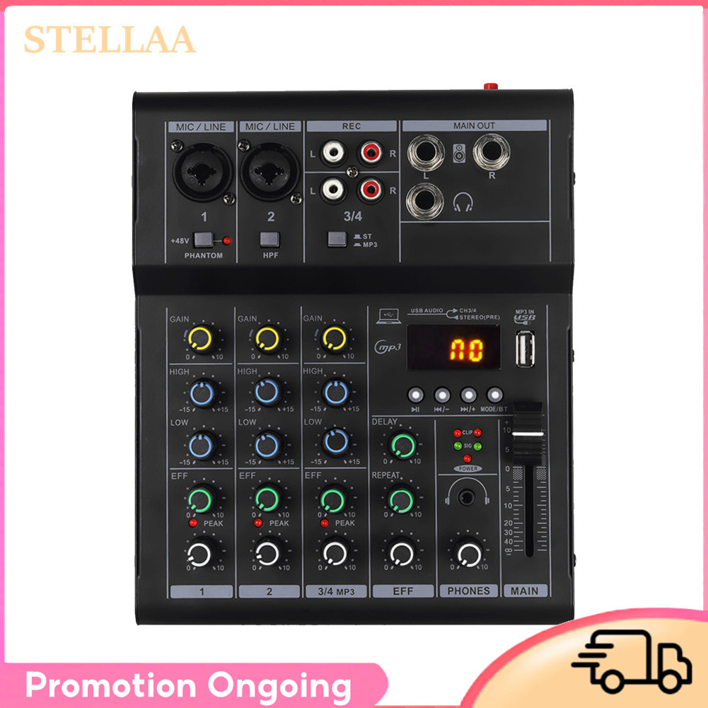 Stellaa SUNGOOYUE Mini Mixer de áudio Placa de mixagem de DJ de som de 4 canais com BT MP3 USB 48V Phantom Power